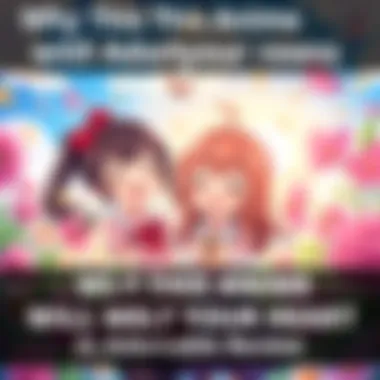 Two cute anime characters smiling and laughing together in a colorful, animated background full of flowers and sunshine
