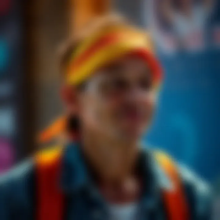 A person in casual attire proudly sporting a bright headband, showcasing a nostalgic fashion statement