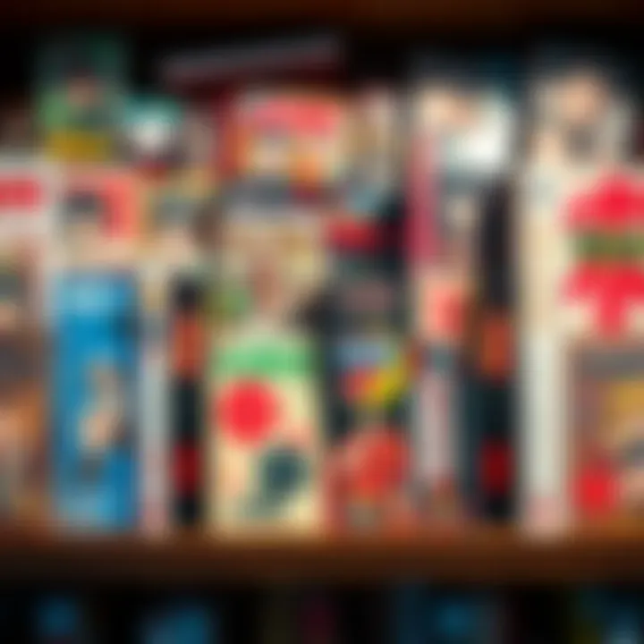 A colorful collection of adult manga volumes on a shelf, showcasing various covers and artwork.