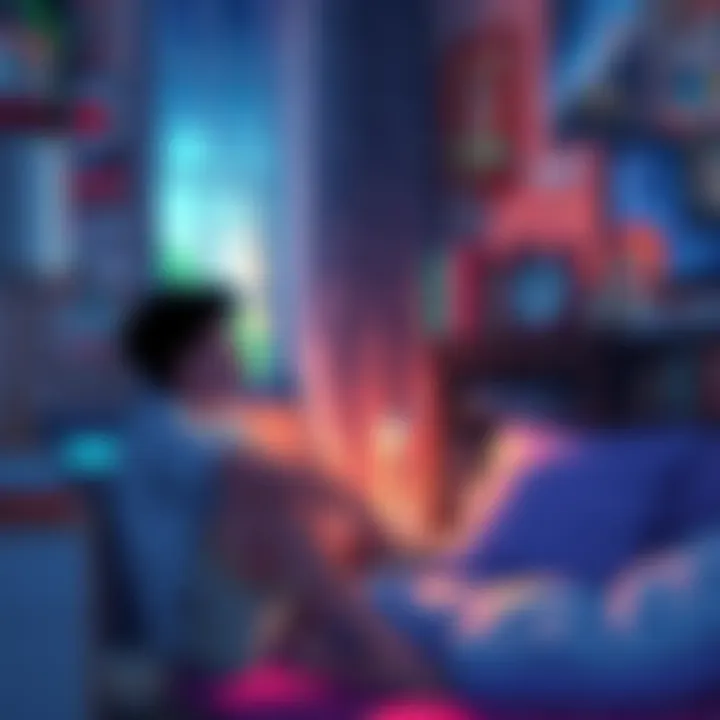 An adult sitting in a cozy room, thinking about their childhood love for anime tropes like ecchi and harem, surrounded by anime posters and memorabilia.