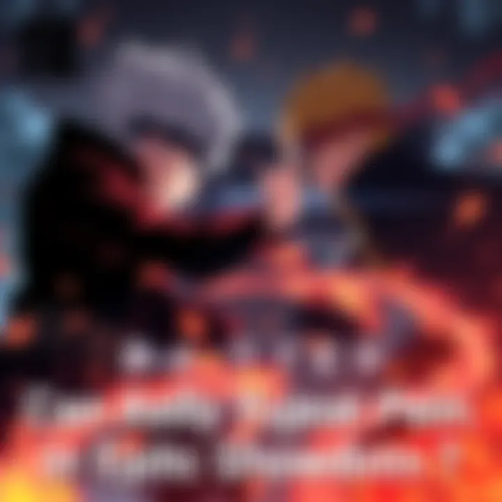 A dramatic scene of Adult Yuji from Jujutsu Kaisen facing Pein from Naruto Shippuden in an intense standoff.