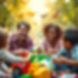 A group of adults joyfully playing with colorful toys in a lively park setting, showcasing their playful spirit and embracing childhood joy.