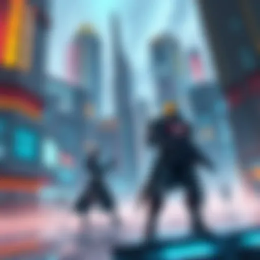 An illustration of a futuristic city representing Atlas, showcasing advanced technology, sleek buildings, and unique character designs including Ironwood with his weapon.