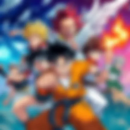 A group of iconic shounen anime characters from the 90s and 2000s, showcasing their unique fighting styles and expressions of determination in a colorful scene.