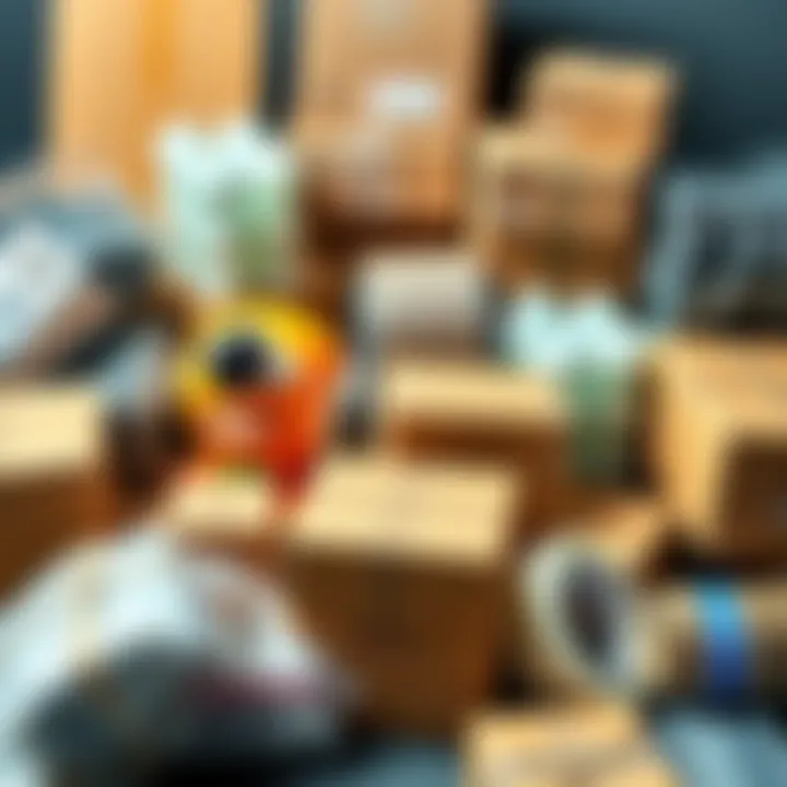 A collection of packing materials including boxes, bubble wrap, and tape used for shipping figures