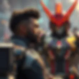 Afo's Strategy Against All Might Afo contemplating tactics while observing All Might in armor, pondering the use of radio waves in battle.