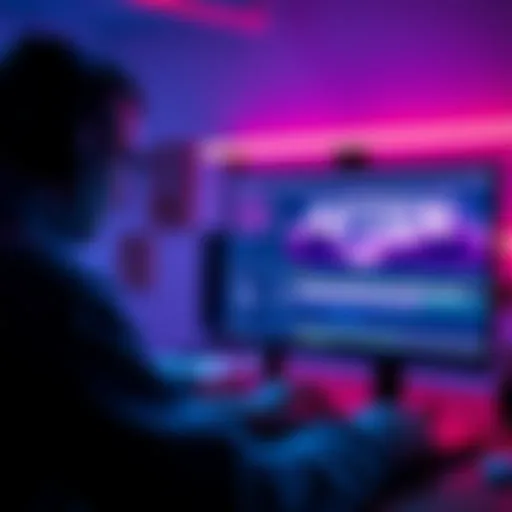 A person editing video in After Effects on a computer, focusing on slide transitions and text effects.