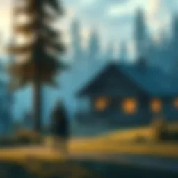 A scene depicting characters in a serene afterlife, standing near a cozy cabin surrounded by trees and a peaceful atmosphere.