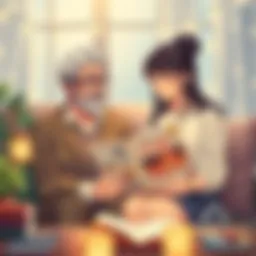 A romantic scene showing an older man and a younger woman sitting together, reading manga in a cozy setting, surrounded by books and light decorations.