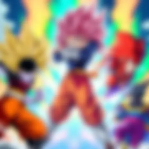 AGL SSJ4 Gogeta stands strong with energy radiating, facing off against other characters in a colorful battle scene