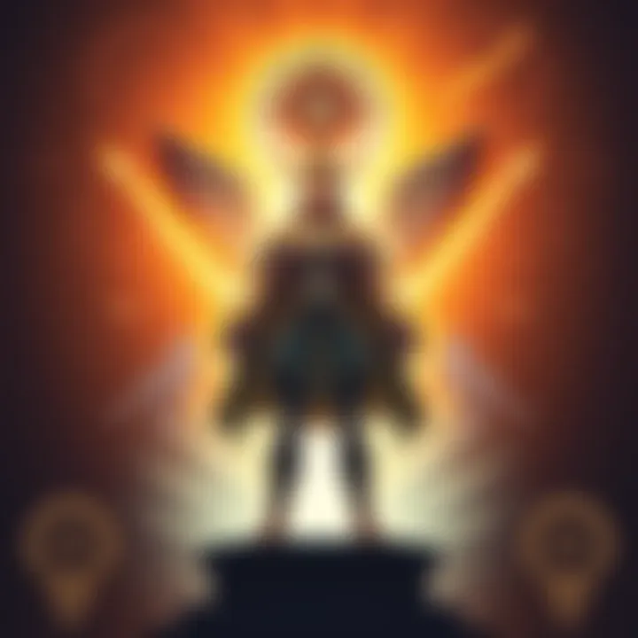 A majestic figure representing Ahura Mazda, radiating light and wisdom, surrounded by symbols of good and light.