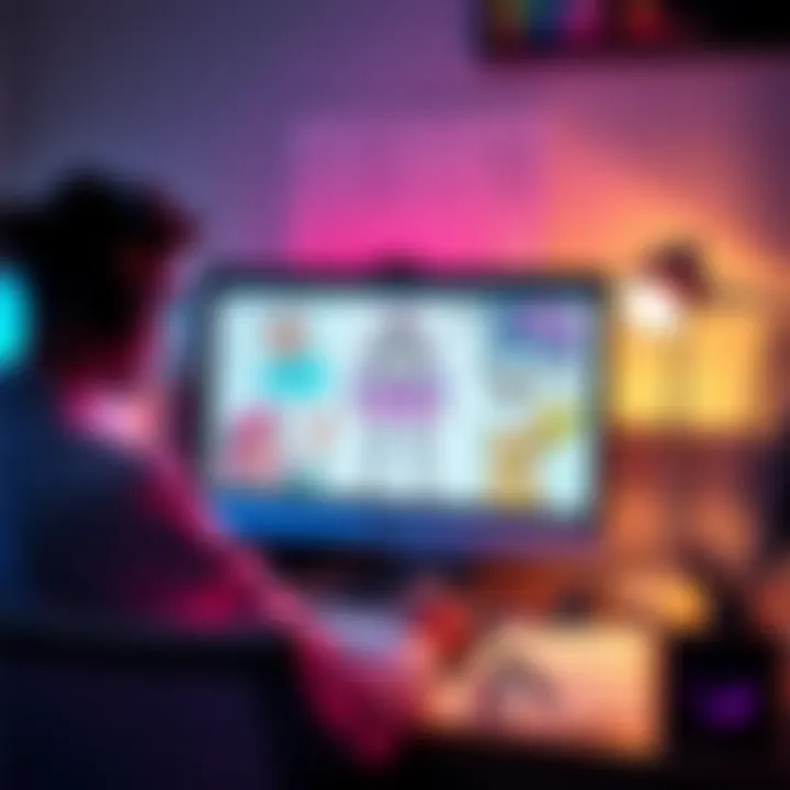 A digital artist uses AI tools to create a unique character design on a computer screen, surrounded by colorful sketches and notes.