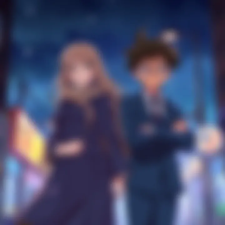 Ai Haibara and Conan standing together, showing a close friendship in Detective Conan. Ai has long light hair and wears a blue coat, while Conan sports a blue suit and glasses.