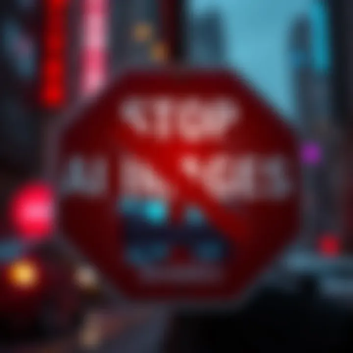 Graphic showing a stop sign with the words 'AI Images Banned' and a visual representation of AI-generated images being crossed out.