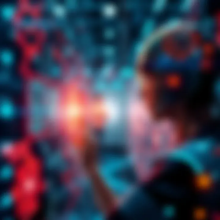A digital scene showing a person interacting with an AI interface, highlighting connections between technology and reality.