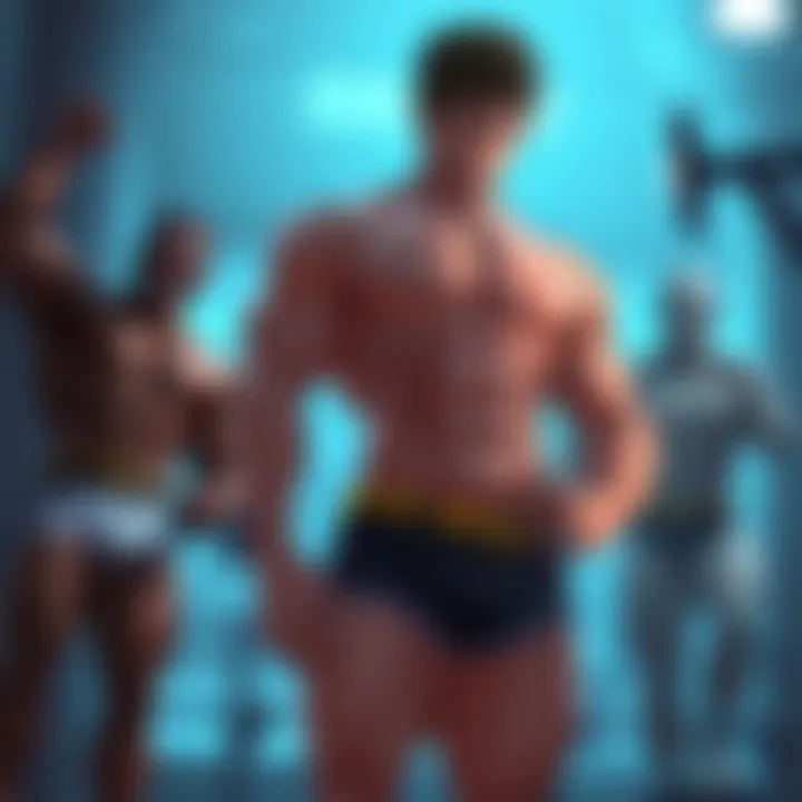 Aikawa standing with an exaggerated muscular physique, contrasting with realistic fitness models like weightlifters, highlighting body type issues in character design.