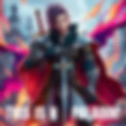 AikiYun, a fantasy character, stands confidently with a sword, dressed in unconventional armor, breaking the traditional paladin image, surrounded by vibrant fantasy elements.