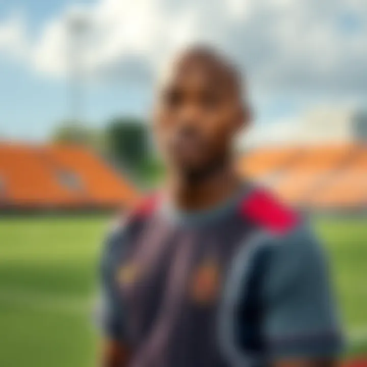 Aiku stands with a shaved head, showing a confident expression. He is dressed in sports attire, highlighting his athletic build. The background features a soccer field, emphasizing his connection to t...