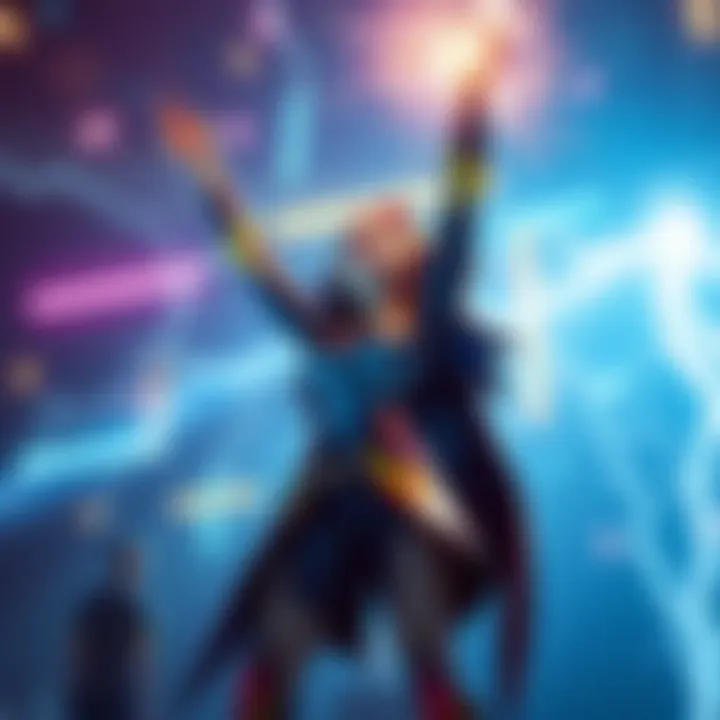 Aiolia stands triumphantly, surrounded by electric energy sparks after winning for the electric type in a competitive event.