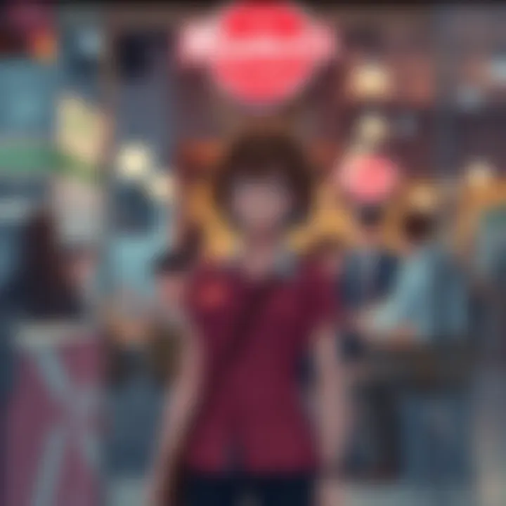 Aira stands at the entrance of Momo's place, looking determined as she prepares for her first day of work, surrounded by coworkers inside a busy cafe.
