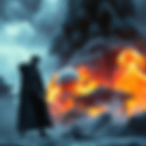 Aizen stands ready, charged with energy, focusing on a target in front of him, surrounded by destruction from earlier attacks.