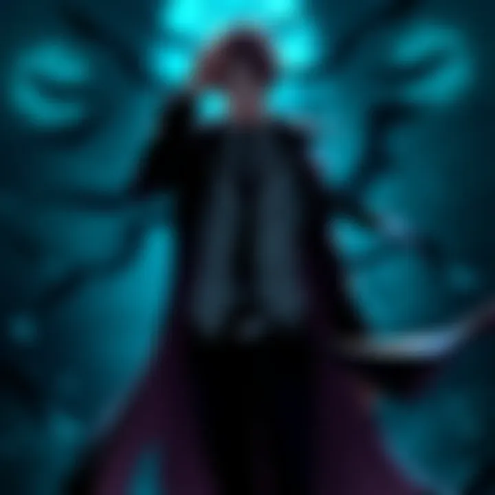 Aizen standing with a confident expression, surrounded by dark shadows, hinting at his role as a mastermind in Bleach.
