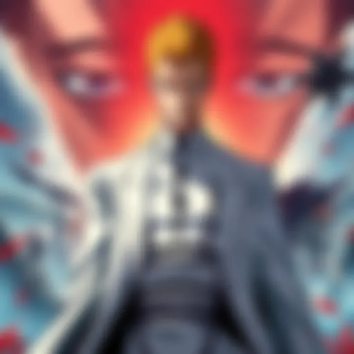 Aizen stands confidently with a mischievous expression, surrounded by key moments from Bleach, showcasing his impact on the story
