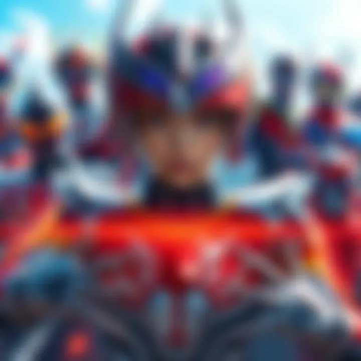 Aizo and Tokusatsu Characters Aizo surrounded by iconic Tokusatsu characters like Ultraman and Kamen Rider, showcasing a vibrant and exciting scene from the series.