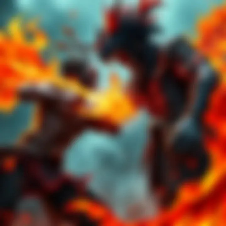 Akainu uses fiery attacks against Kaido, who stands resilient with flames surrounding him. Their intense confrontation highlights their powers.
