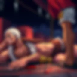 Akainu lying on the ground, showing signs of injury and fatigue, with Luffy standing over him, contemplating his next move.