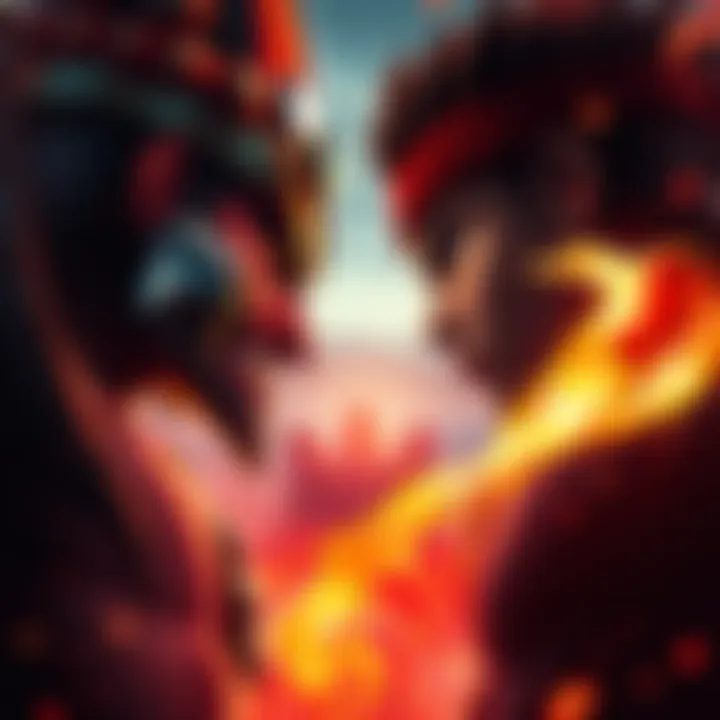 A dramatic confrontation between Akainu and Ace, showcasing their intense expressions and stances in a fiery landscape.