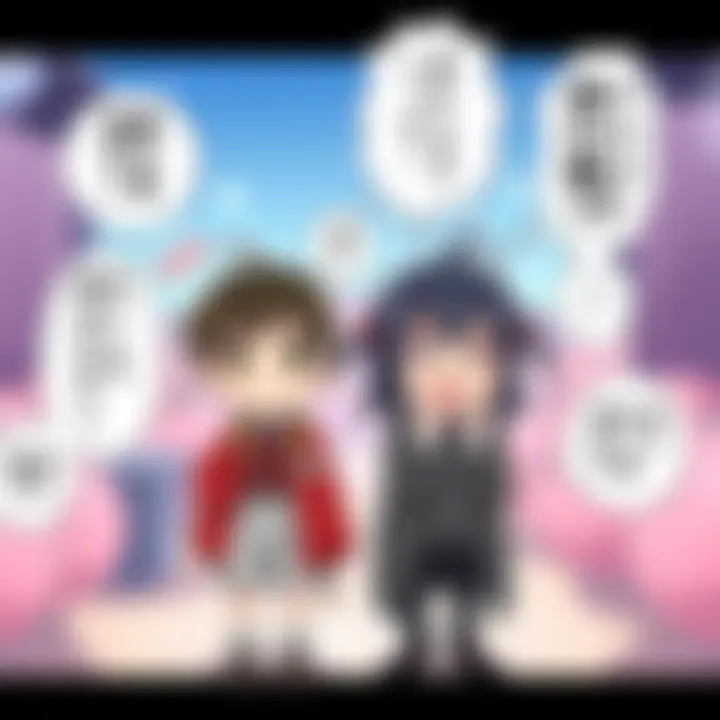 Two characters from Akanabe-sensei standing awkwardly with embarrassed expressions, surrounded by humorous elements like exaggerated speech bubbles and quirky backgrounds.