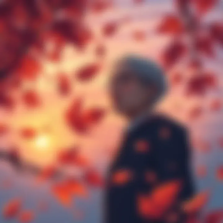 Akanabe-sensei looks thoughtful as summer fades, surrounded by falling leaves and a sunset backdrop.