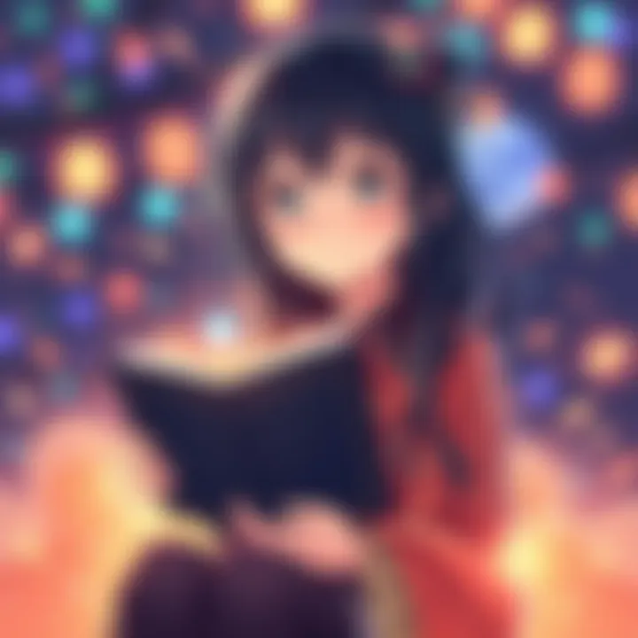 Main character from Akane-banashi engaged in a storytelling scene, surrounded by vibrant colors and emotional expressions, showcasing the anime's focus on character development.