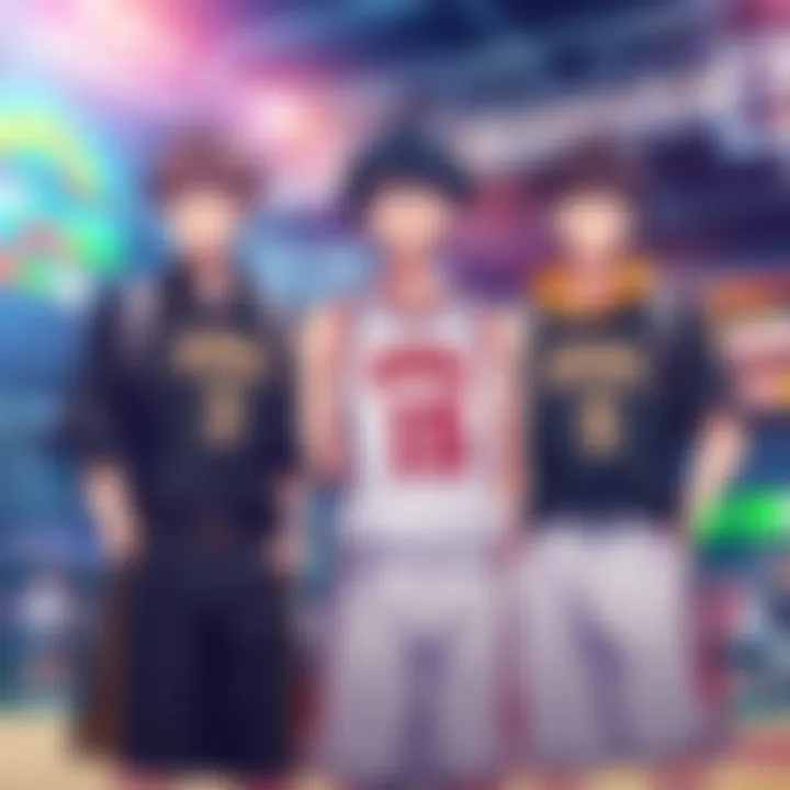 Akashi with his GOM teammates Akashi confidently stands with Kuroko and Kise, showcasing their friendship and competitive spirit on the basketball court.