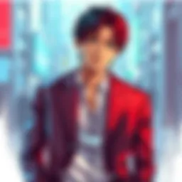 Aki in his buttoned blazer Aki wearing a fully buttoned blazer, reflecting his attempt at formality, with a serious look that hints at his troubled past.