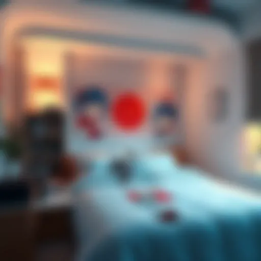 A room showcasing an expanded Aki Hayakawa shrine with an Aki wall above the bed and new merchandise on the bookshelf.