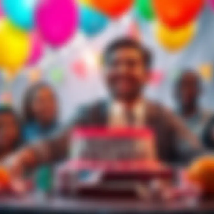 Aki Rosenthal celebrating a joyful birthday event with balloons and a cake