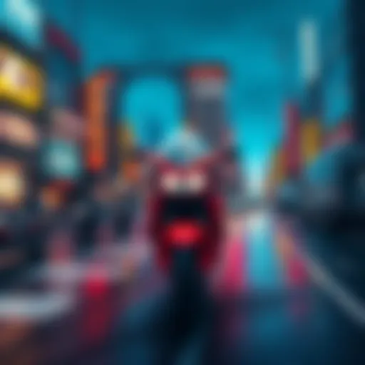 A futuristic cityscape with motorcycles and neon lights, depicting a scene inspired by Akira.