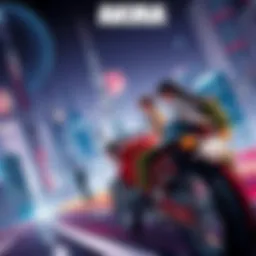Vibrant Akira poster featuring a futuristic city and a motorcycle, showcasing iconic characters from the anime.