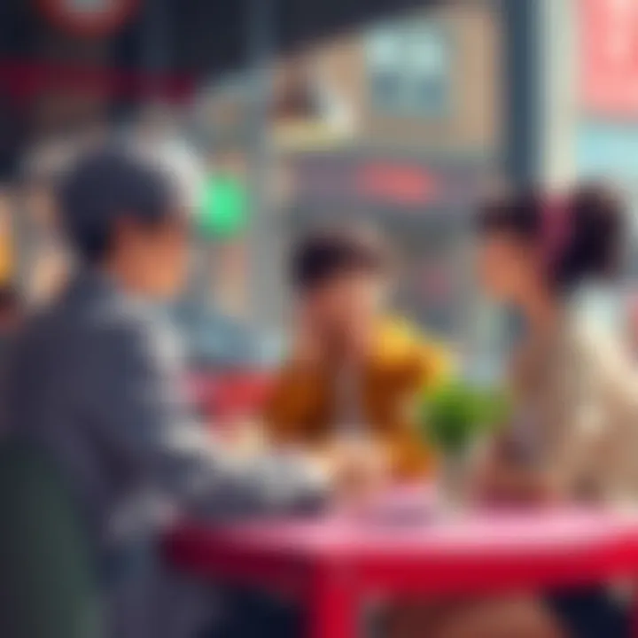 Akira and two friends sit at a café, sharing thoughts on love and relationships, with a focus on modern terms like 'boo' and 'bae'.