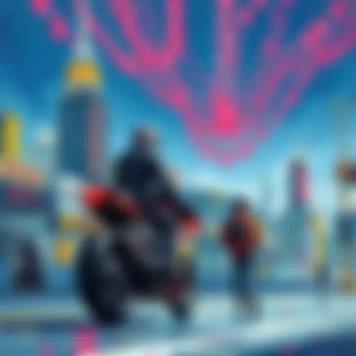 Colorful oil painting depicting a futuristic cityscape with a motorcycle and a character in the foreground inspired by Akira