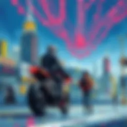Oil painting inspired by Akira Colorful oil painting depicting a futuristic cityscape with a motorcycle and a character in the foreground inspired by Akira