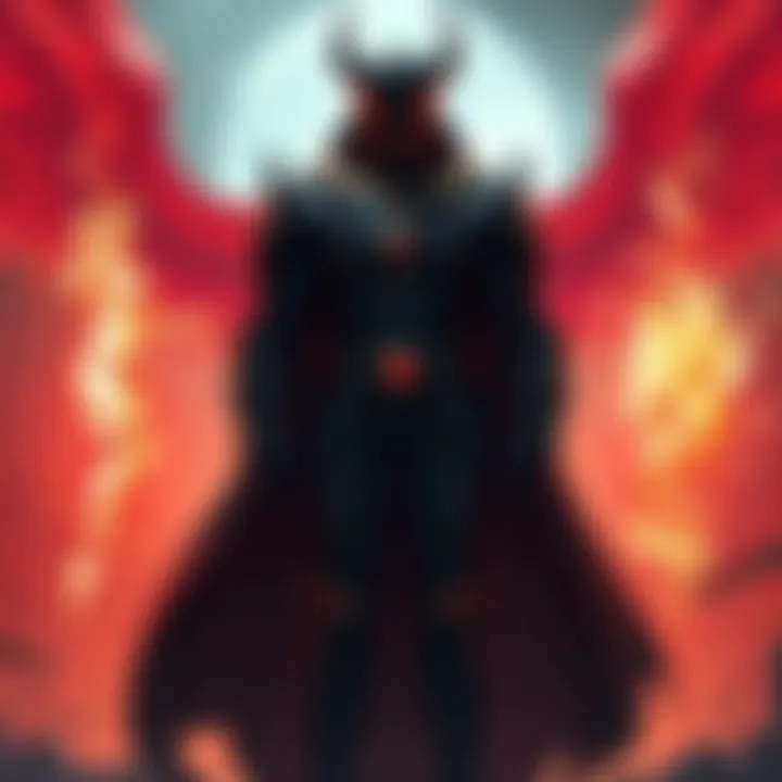 Alastor stands between symbols of Heaven and Hell, showcasing his role in their power dynamics, with dramatic lighting highlighting the tension.
