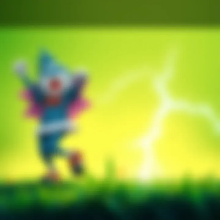 Alberich joyfully celebrating after winning the grass type competition against Aphrodite, with a bright green background representing the grass type.