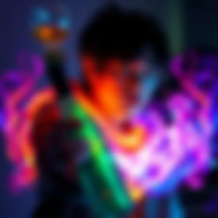 A character manipulating their aura to create alcohol effects, showcasing vibrant colors and swirling energy