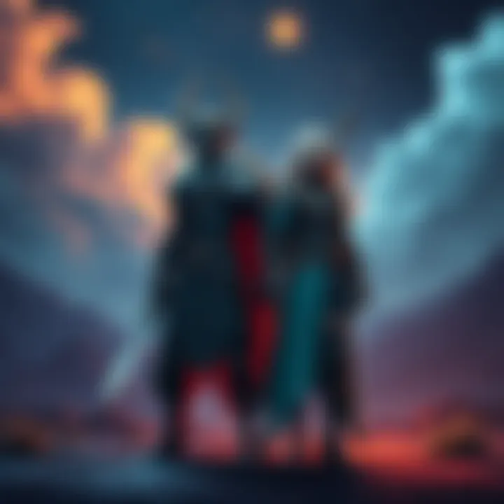 Two fantasy characters representing Aldoron and Ignia, standing against a backdrop of contrasting landscapes.