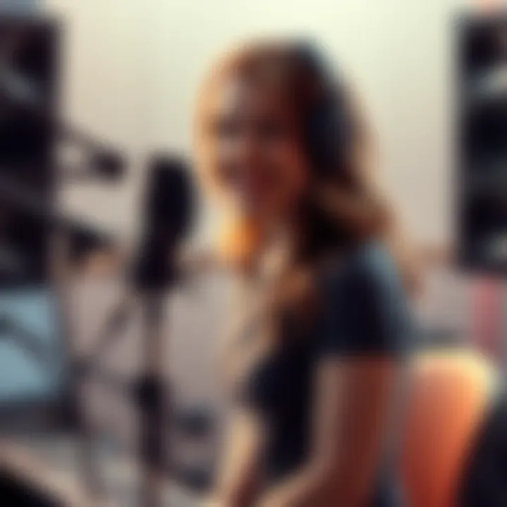 Voice actress Alexis Tipton at a microphone, surrounded by recording equipment, capturing her dynamic performances