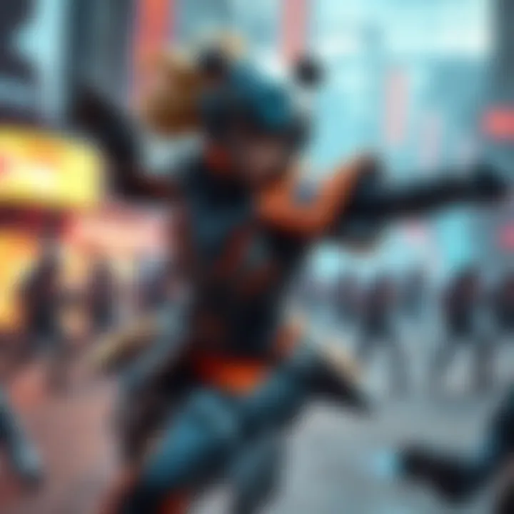 Alice Battledroid showcases her fighting skills in a dynamic combat pose, surrounded by futuristic battleground elements.
