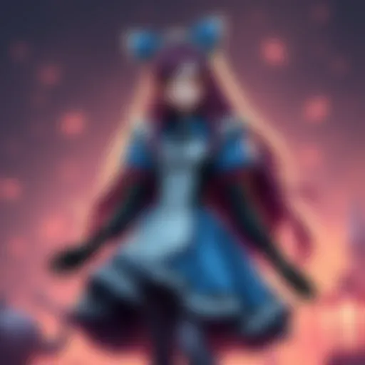 A character design featuring a battle maid outfit inspired by Alice in Wonderland, showcasing two different dress styles and color palettes.